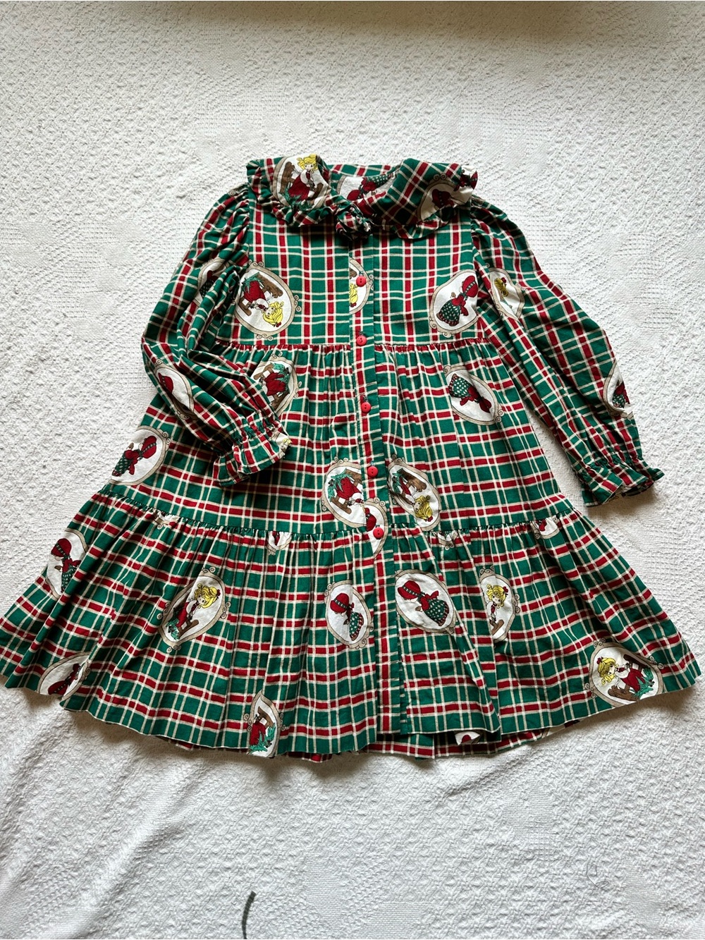Precious Moments green and red plaid dress